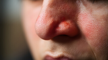 Fototapeta premium Close up of red irritated nose, emphasizing the discomfort and struggle of allergies or cold symptoms, highlighting the human vulnerability and resilience in the face of common ailments.nasal, congest