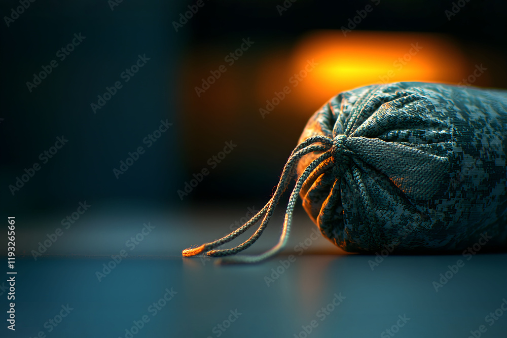 Poster Cozy rolled blanket on a soft surface with warm background glow