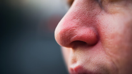 Fototapeta premium Close up of red irritated nose, emphasizing the discomfort and struggle of allergies or cold symptoms, highlighting the human vulnerability and resilience in the face of common ailments.nasal, congest