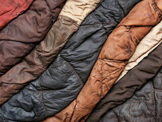 A close-up view of various textured, colorful fabrics, highlighting their rich, wrinkled surfaces and unique tones.