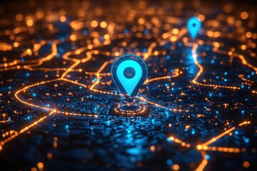 blue glowing location pins on a map interconnected with dynamic path lines, set against a dark background, illustrating navigation and connectivity in a modern context