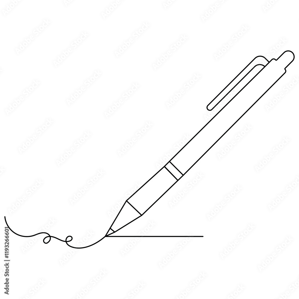 Poster ball pen single line art, continuous one line drawing of isolated outline vector icon