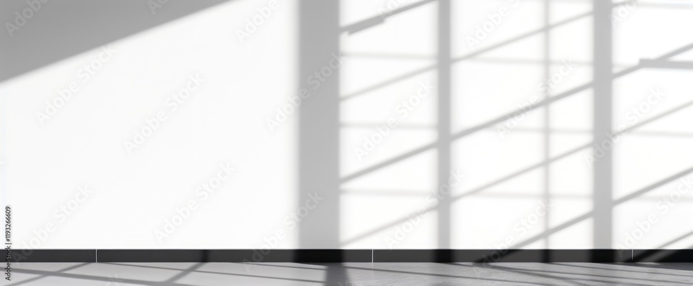 Aufkleber sunlight streams through window casting shadows on white wall and dark floor minimalist modern aesth