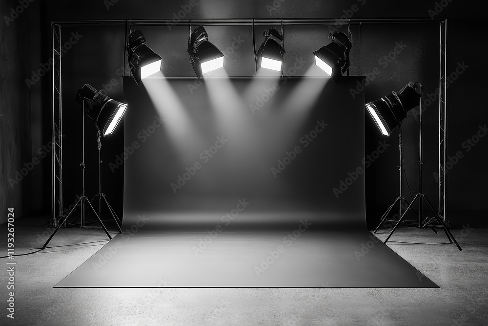 Poster spotlights illuminating empty photo studio with gray backdrop and concrete floor