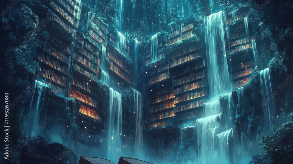 Poster enchanting waterfall library hidden deep within a cave