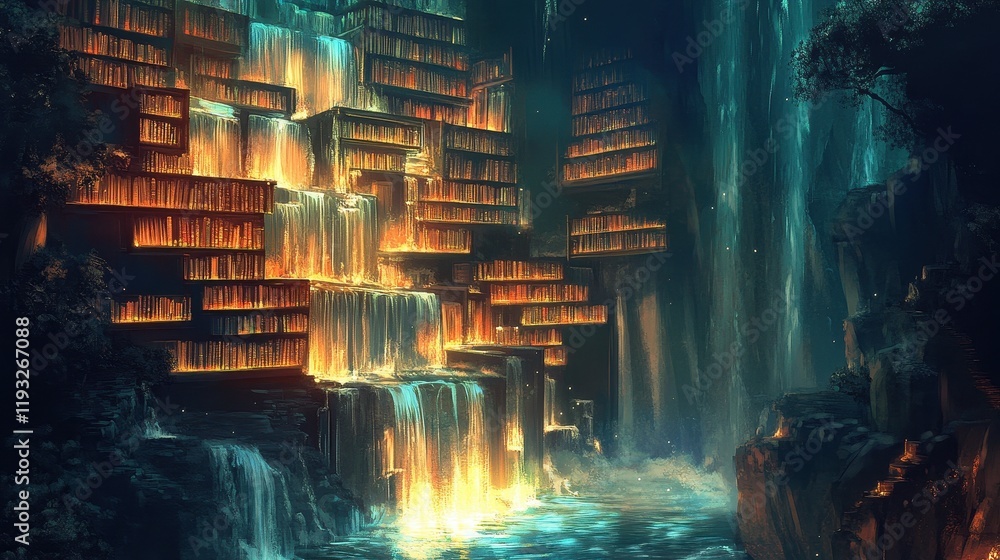 Poster enchanting waterfall library hidden deep within a cave