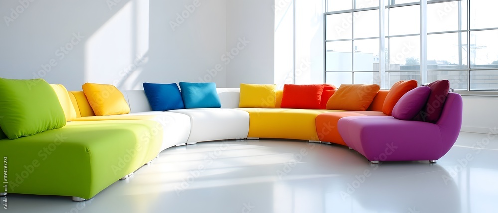 Poster Modern Colorful Curved Sofa Arrangement in Bright Interior Space with Large Windows Enhancing Natural Light and Vibrant Atmosphere for Creative Environments and Stylish Decor