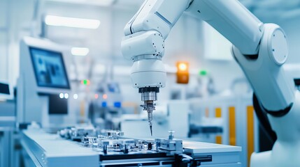 A robot assembling complex aerospace components in a high-tech workshop with sleek machinery and clear labeling, Aerospace tech style, photo of