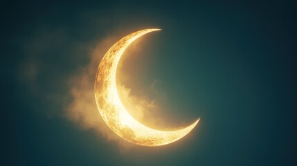 Fototapeta premium Glowing Crescent Moon in Night Sky with Soft Cloud Details