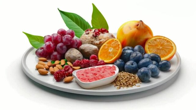 Rotate Plate with utritious ingredients and products containing vitamin B3 (PP, niacin) and other natural minerals, concept of healthy lifestyle and nutrition on white background. French pastry HD