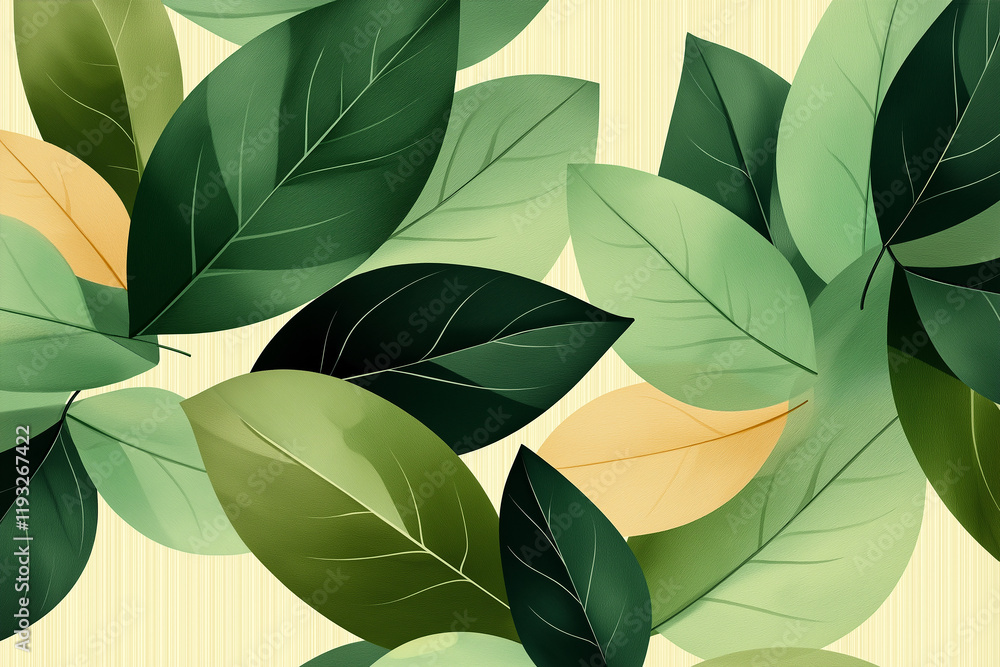 Poster green and yellow leaves overlapping on beige background creating relaxing pattern