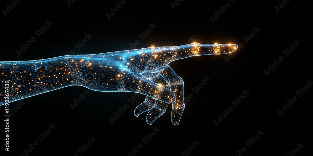 Poster polygonal hand pointing finger showing direction on black background