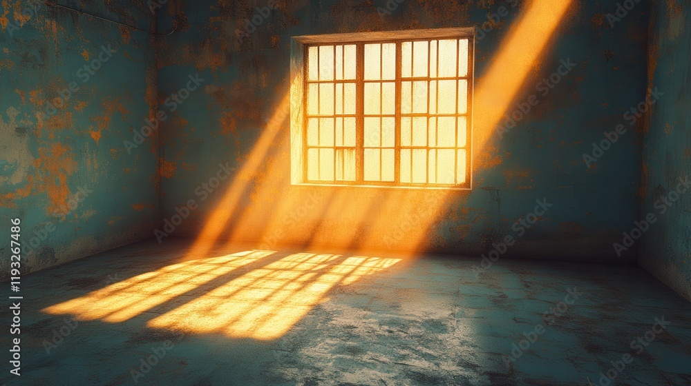 Poster sunlight illuminating an empty room with blue walls and a large window, creating beautiful shadows a