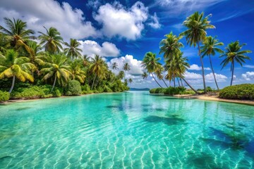 Fototapeta premium A stunning turquoise lagoon with swaying palm trees and clear waters, coastal scene, island life, natural scenery, outdoor relaxation, blue water