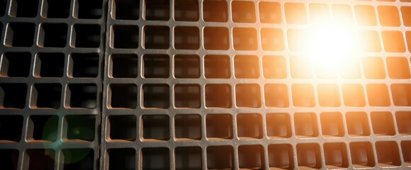 Obraz premium Close up of metallic grid pattern backlit by sunlight