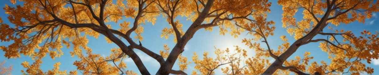 Fototapeta premium A stunning pear tree against an azure blue sky, its branches heavy with vibrant orange and yellow autumnal leaves , azure blue, nature scenery, foliage colors