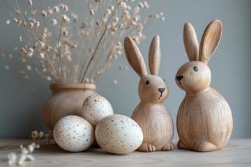 Obraz premium Easter arrangement with wooden bunny figurines, eggs and a vase with flowers
