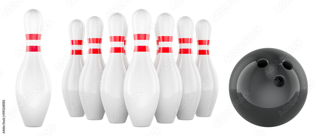 Poster bowling ball and skittles. set of bowling, 3d rendering isolated on transparent background