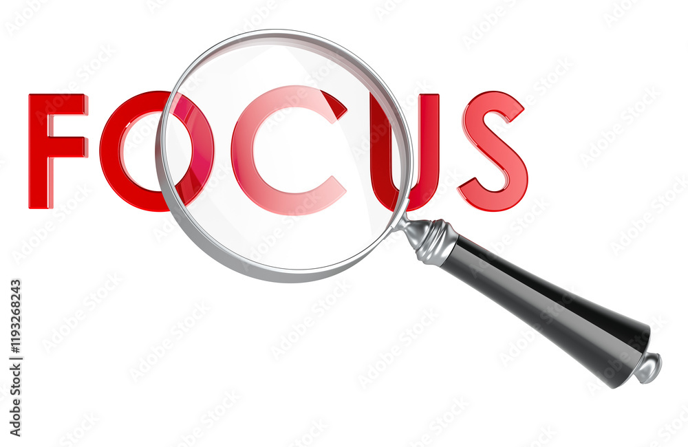 Poster focus with magnifying glass. 3d rendering isolated on transparent background