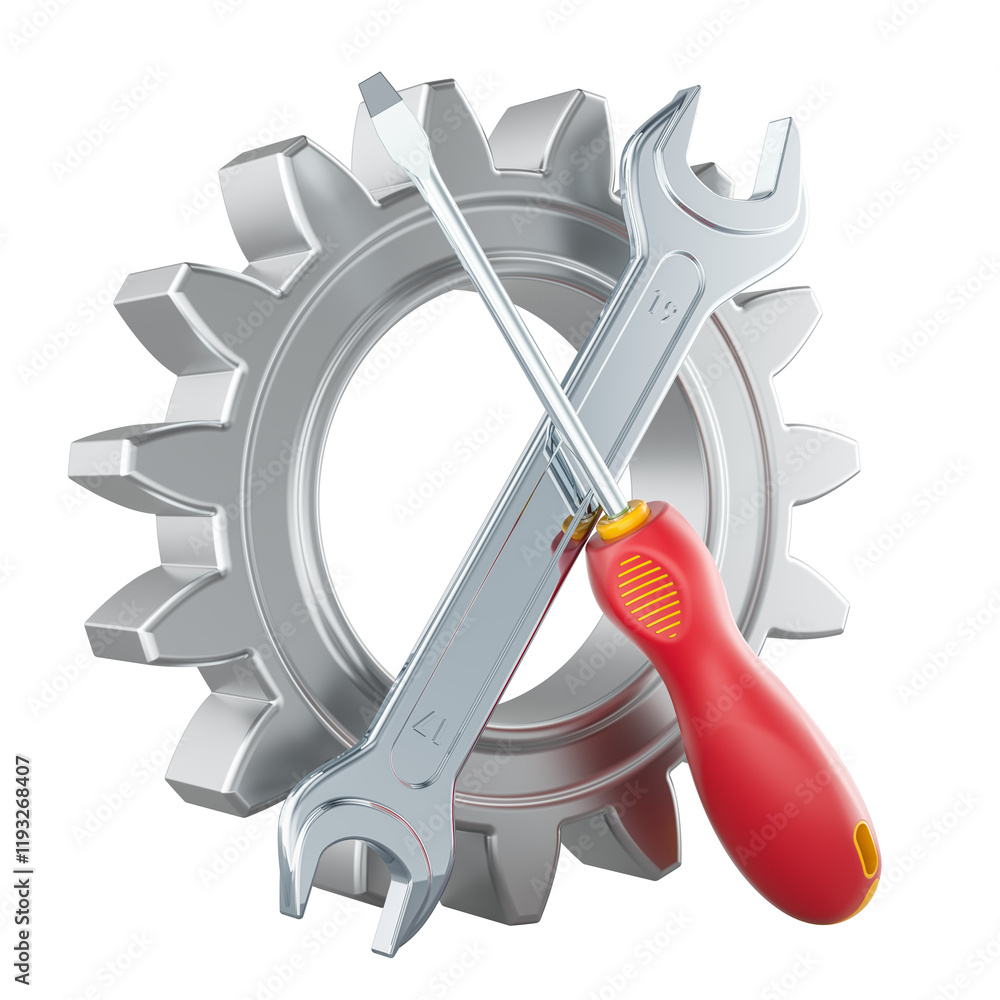 Poster cogwheel with crossed screwdriver and wrench. repair and service, concept. 3d rendering isolated on 