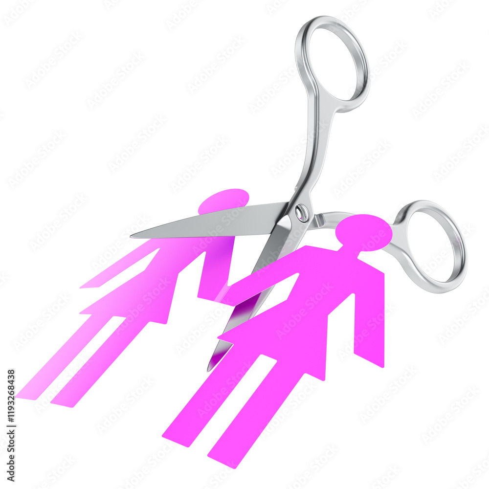 Poster scissors cutting of lesbian spouses figures. divorce, separation concept. 3d rendering isolated on t