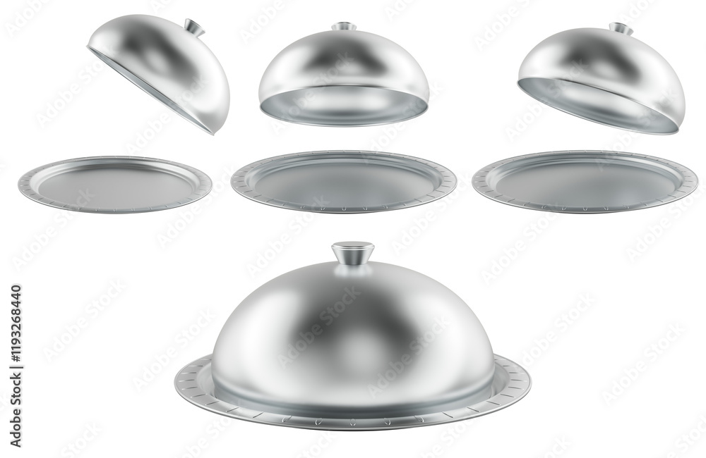 Poster restaurant cloches. empty opened and closed. 3d rendering isolated on transparent background