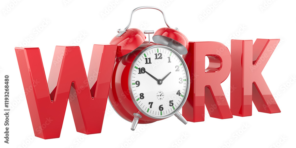 Poster time to work, concept. work with alarm clock. 3d rendering isolated on transparent background