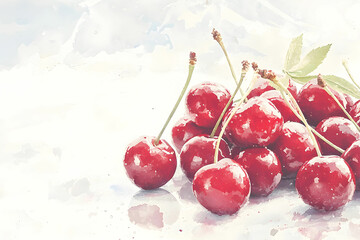 Fresh Red Cherries on Light Background with Soft Watercolor Effect