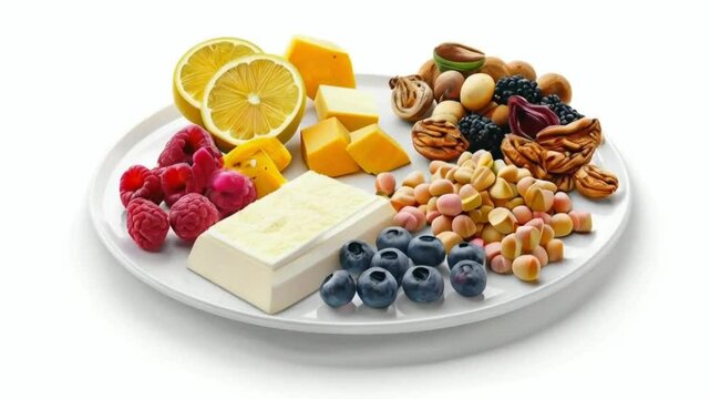 A Rotate Plate with utritious ingredients and products containing vitamin B3 PP niacin and other natural minerals, concept of healthy lifestyle and nutrition on white background. French pastry High HD