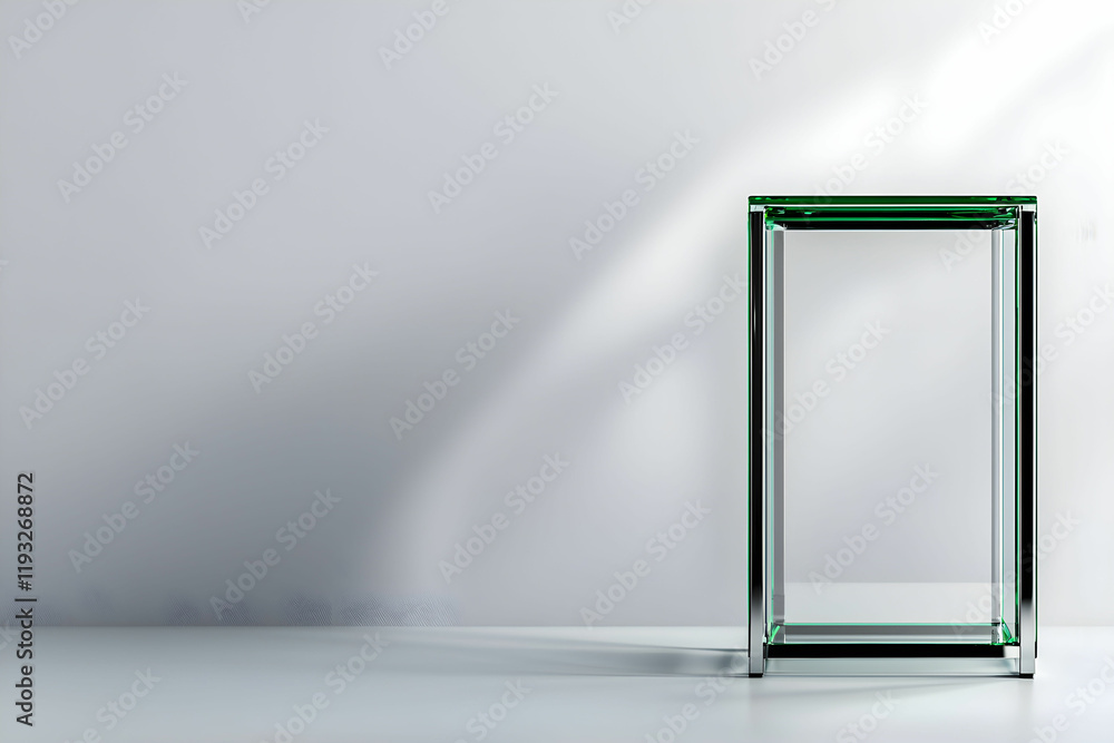 Poster modern minimalist glass stand with sharp edges and subtle lighting