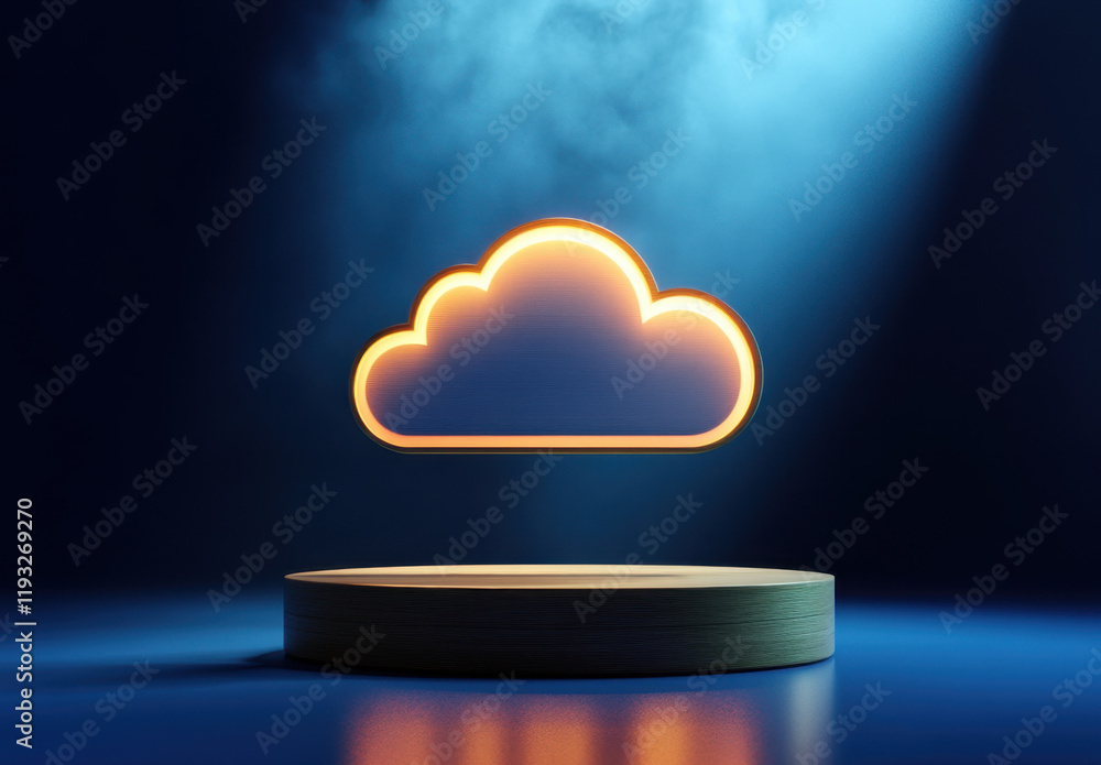 Poster a cloud icon with a glowing outline floats above a circular wooden platform. the background features
