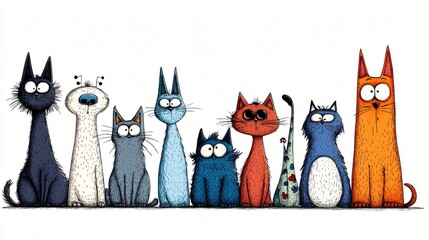 Row of cute, cartoon cats in various colors and poses.