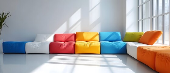 Colorful Modern Couch in Bright Sunshine, Featuring an Artistic Arrangement of Red, Blue, Yellow, Green, and White Cushions in a Contemporary Setting with Large Windows