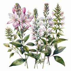 Big set with flowers, twigs and leaves of cleome. Watercolor illustration in white background. This set is well suited for your various projects: creating cards, invitations, wedding design, etc.