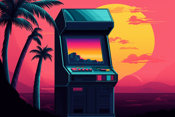 Pixel art arcade game cabinet displaying tropical sunset landscape at beach with palm trees