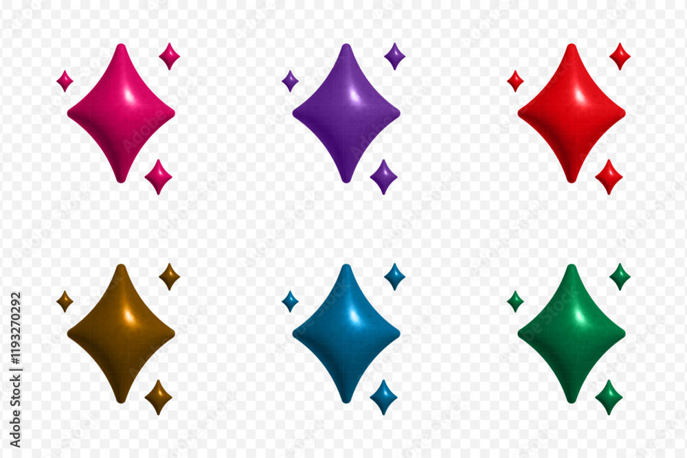 Poster 3D sparkle stars set of different colors. Volume 3d icons of star shapes. Elements for design for banners, cards or web design and apps. Vector.