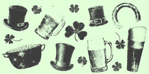 St. Patrick's Day themed illustrations with beer mugs, hats, clovers and horseshoe on light green background
