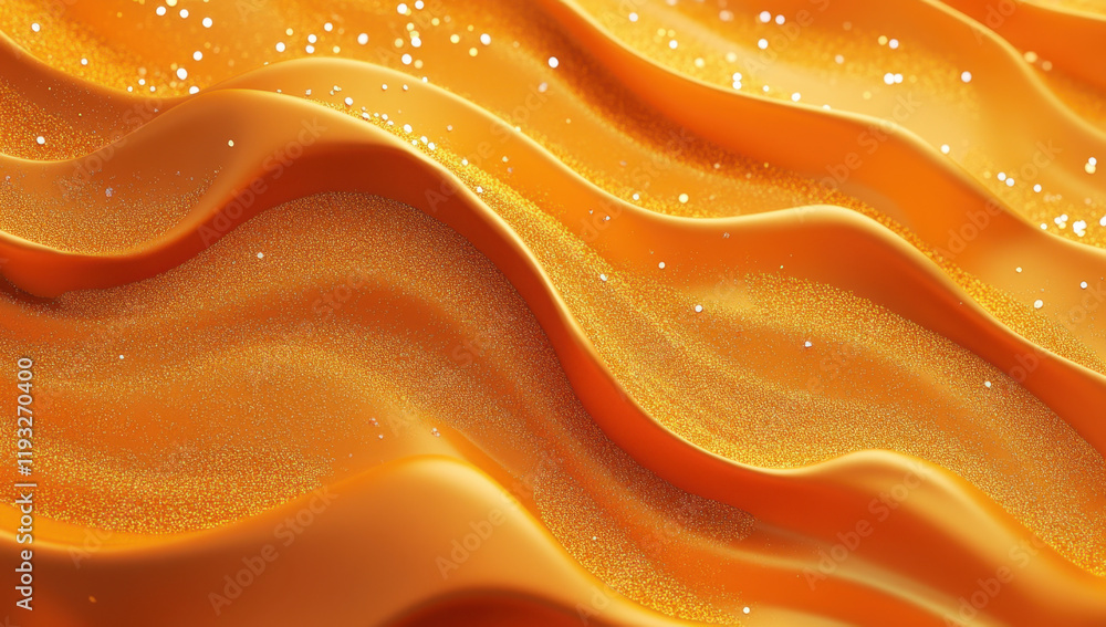 Poster waves of warm golden hues flow smoothly across the surface, adorned with sparkling particles that ca