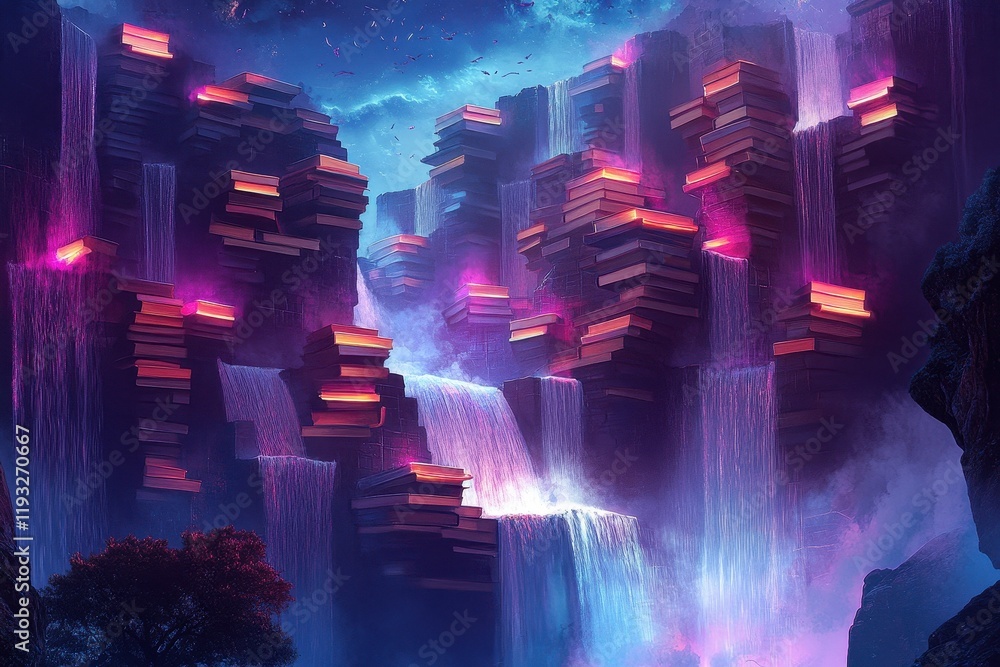 Poster enchanting waterfall cliffs of stacked illuminated books