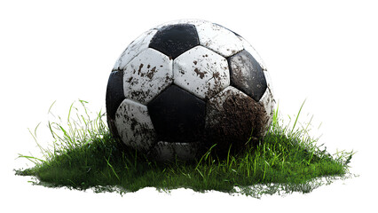 Obraz premium Realistic 3D Muddy Soccer Ball on Grass Isolated PNG