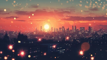 Fototapeta premium Cityscape Sunset with Glowing Lights and Orange Sky