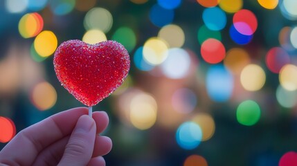 Fototapeta premium Heart-Shaped Lollipop with Colorful Bokeh Background Decoration