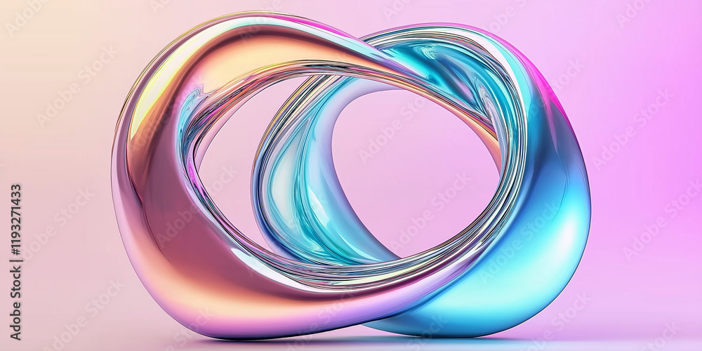 Poster abstract holographic iridescent fluid shape morphing and rotating on gradient background