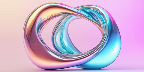 Abstract holographic iridescent fluid shape morphing and rotating on gradient background