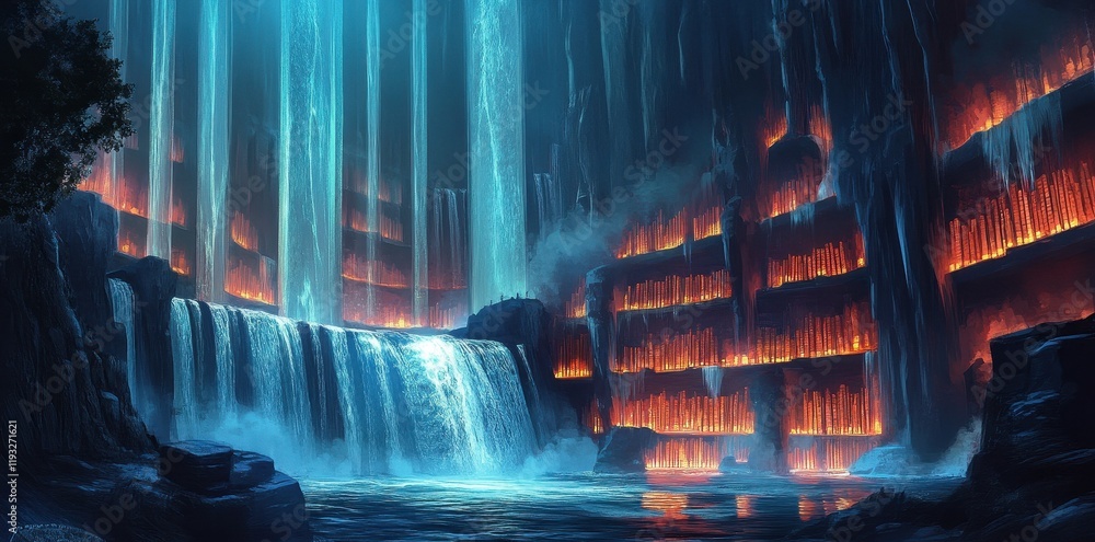 Poster enchanted waterfall library hidden deep within a cave