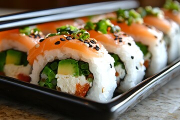 A minimalist plate with colorful sushi rolls. Generative AI