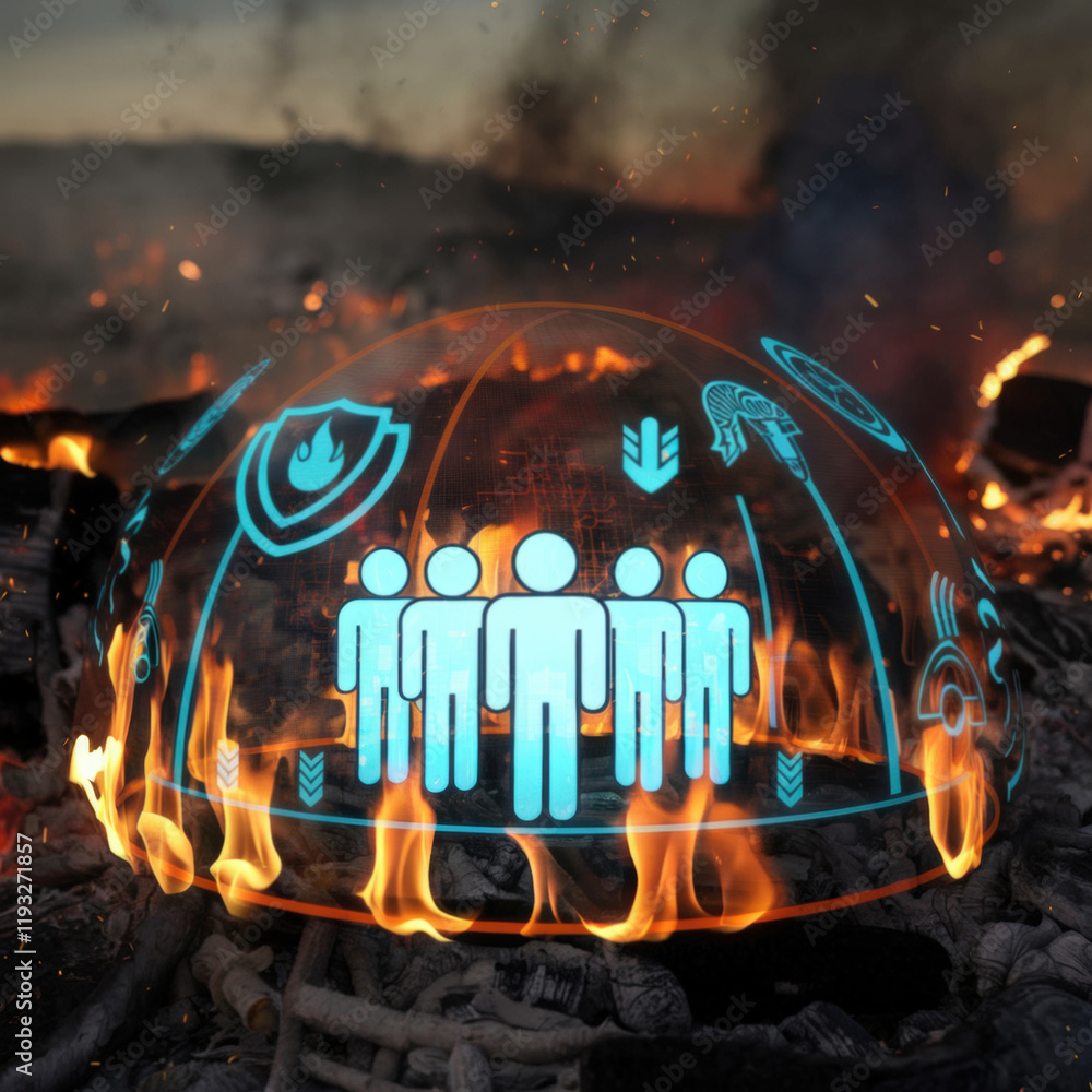 Poster a group of digital people icons standing safely inside a glowing dome of light surrounded by flicker