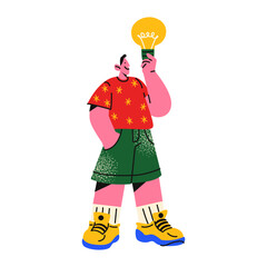 Character find solution, brilliant idea, lightbulb. Cartoon mascot working as team, solving a problem, business idea, brainstorming, finding solution. Creative thoughts and inspiration.