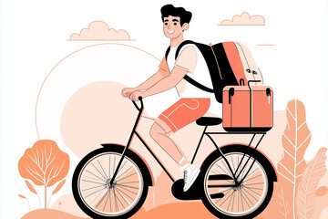 Delivery man riding bicycle carrying food in thermal backpack delivering order