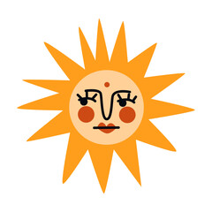 Golden mystical boho sun with face. Mystical tarot sticker, mythical golden sun shape .Abstract bohemian astrological magic art galactic space